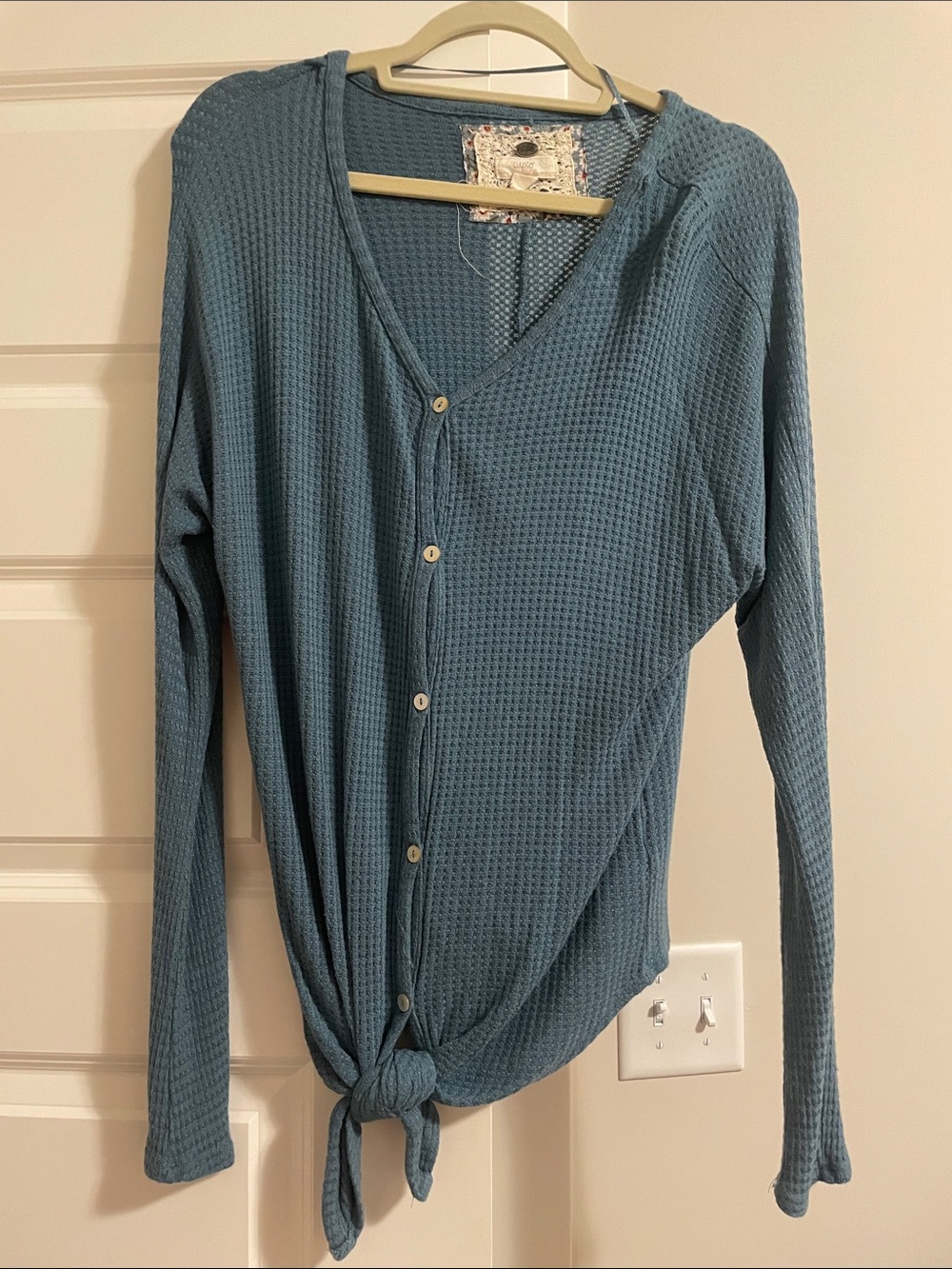 Cupio Teal Waffle-Knit Button Front Tie Hem Top